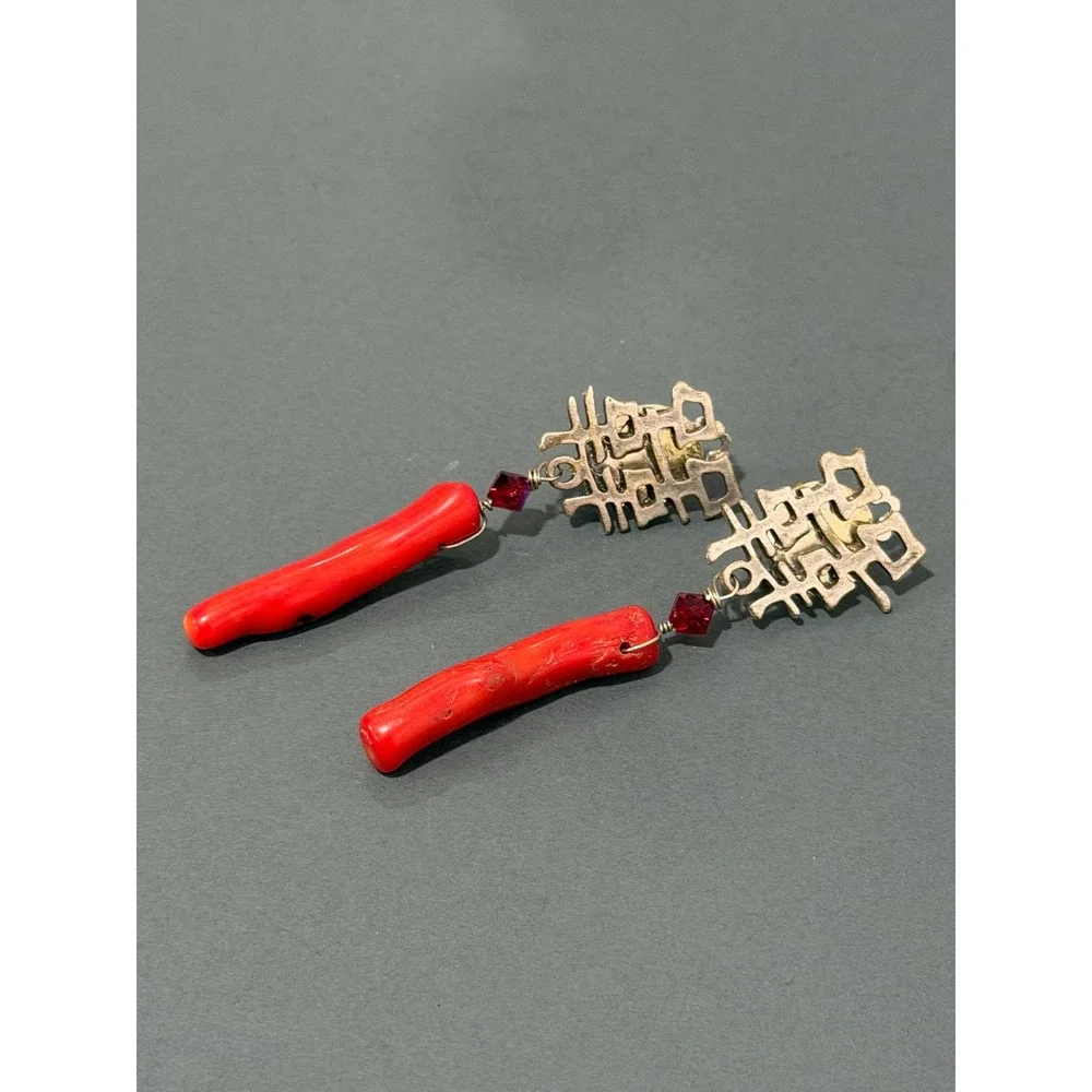Double Happiness Earrings  Silver Tone Red Imitation Coral Clip On Dangle Drop